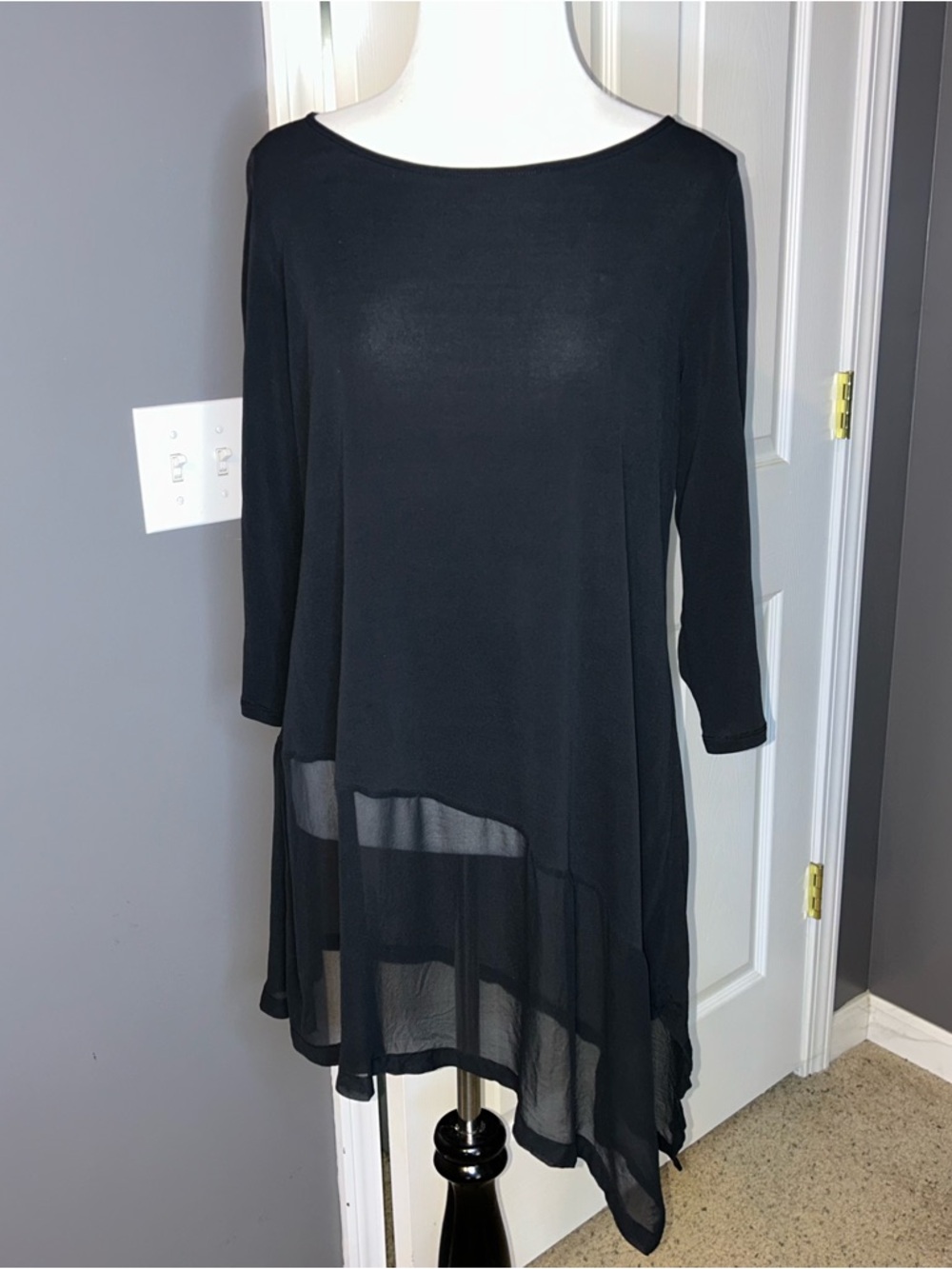 Eileen Fisher Black Silk 3/4 Sleeve Sheer Asymmetrical Hem Tunic Shirt Sz Small